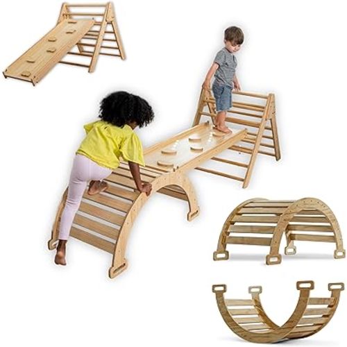 Avenlur Hazel 5-in-1 Indoor Climbing Gym - Waldorf and Montessori Climbing Set with Triangle Ladder, Climbing Ramp, Arch Climber, Rocker, and Slide - Montessori Toys for Children 18mo to 7yr (Natural)