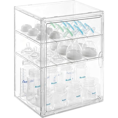 Baby Bottle Organizer – 3 Tier Bottle Storage Organizer Baby for Nipples, Pump Parts, Food Jars – Clear Acrylic Bottle Station Organizer for Countertop and Kitchen, Gifts for New Mom