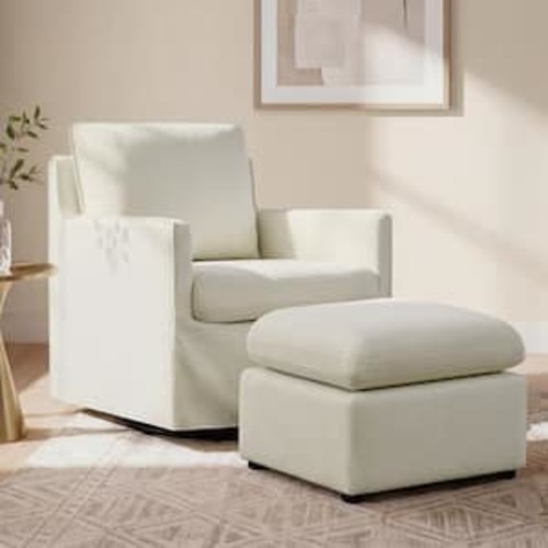 Daro Cream Fabric 360° Swivel Accent Chair with Ottoman, Arms Stain-Resistant Claw-Proof and Fully Removable Slipcover