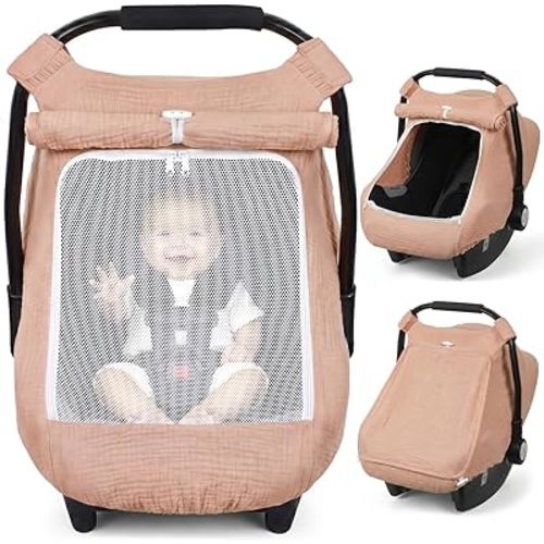 Rquite Car Seat Cover Baby Girl Boy, 100% Muslin Cotton Carseat Covers, Breathable Infant Windproof Canopy with Mesh Window, Stroller Sun Shade for Summer & Hot Day, Dusty Rose