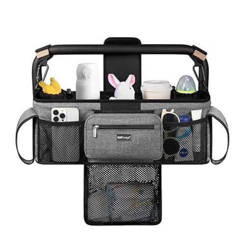 TOPDesign Universal Baby Stroller Organizer, Double Stroller Caddy with Detachable Mesh Bag & Heightened Insulated Cup Holders & Non-Slip Secure Hooks Accessories, Fits Most Strollers (Checkerboard)