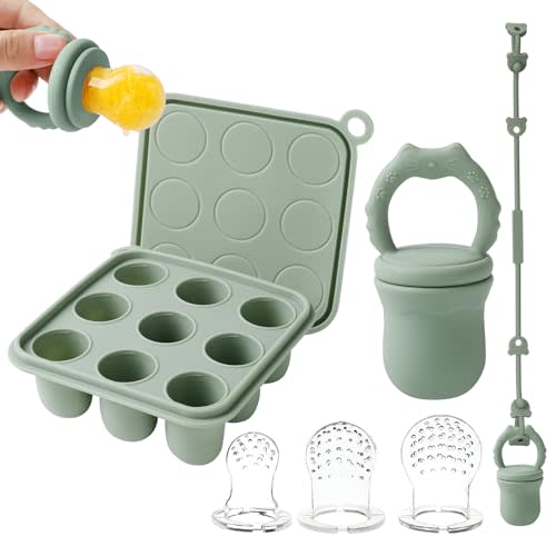 Eoopoon Baby Fruit Food Feeder Teether & Baby Food Freezer Tray Combo, Teething Popsicle Molds for Babies 4-6, 12 Months with Silicone Toy Strap, Food Feeder for Infant Self Feeding, BPA Free(Sage)