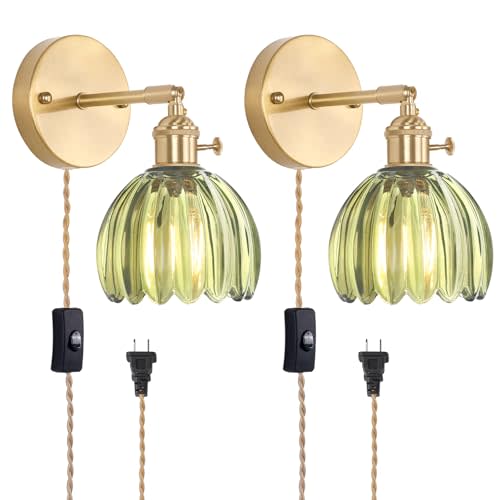 Plug in Wall Sconce, Green Tulip Glass Lampshade Wall Light Plugin Corded for Bedside Bedroom Doorway, 2 Pack