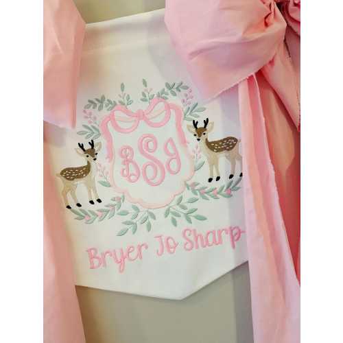 Embroidered Deer Baby Banner: Girl Birth Announcement, Nursery Decor