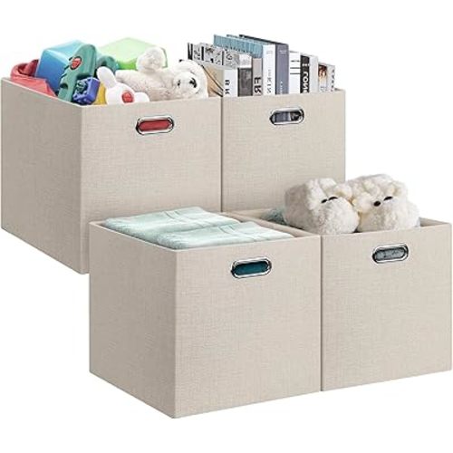 Posprica 13x15x13in Collapsible Storage Bins, Fabric Foldable Cube Storage Boxes, Decorative Storage Baskets Organizer for IKEA Kallax, Shelves, Closet, Clothes, Toy, Set of 4-Beige