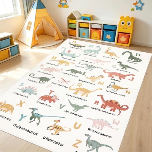 Dinosaur Area Rug - 4x6Ft Large, Soft, Washable, Non-Slip, ABC Animal Alphabet Playroom Carpet Mat for Kids, Bedroom, Nursery, Educational Decor