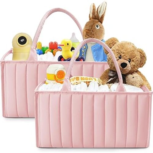SWEET DOLPHIN 2-Pack Baby Diaper Caddy Organizers, Stylish Storage Baskets for Newborn Essentials, Diaper Station & Car Travel, Value Bundle for Baby Shower Gifts & Registry Must-Haves - Pink