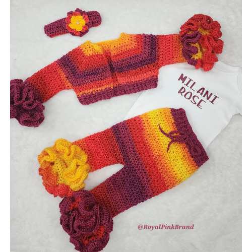 Crop Top Ruffled Crochet Sweatsuit with onesie and headband | Ruffle Pants | Knit Cardigan | Welcome Home Outfit