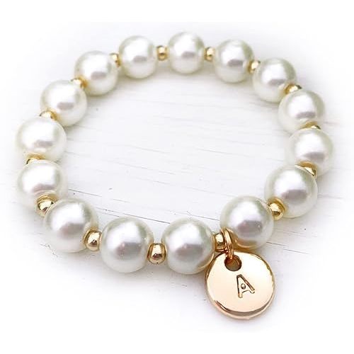 Baby Girls Monogrammed Pearl Gold Stretch Bracelet