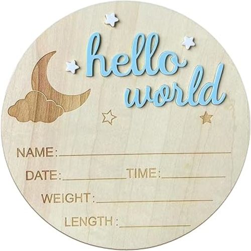 Baby Name Announcement Sign, Baby Announcement Sign, Hello World Newborn Signs, Wooden Birth Name Board, Welcome Arrival Birth Newborn Plaque for Nursery Hospital Babies Photo Props (Blue)