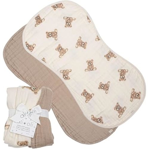 Ali+Oli Muslin Burp Cloths for Baby, 2 Pack, Soft Absorbent Burp Rags (Teddy-Taupe)
