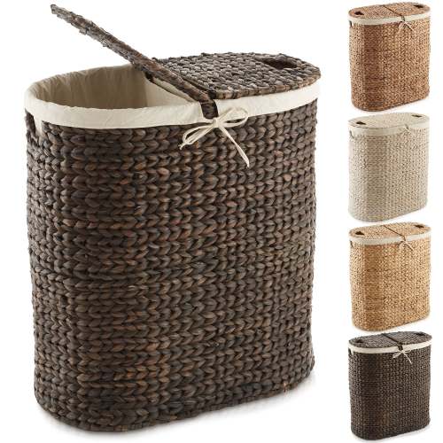 Oval 2-Section Laundry Hamper Basket with Lids and Removable Liner Bags