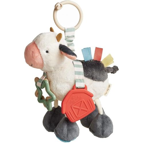 Itzy Ritzy Link & Love Toy for Stroller or Car Seat; Features Textured Ribbons, Crinkle Sounds, Clinking Rings & Silicone Teether; Designed for Ages 0 Months and Up (Cow)