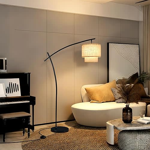 Lightdot Arc Floor Lamp for Living Room, Modern Standing Tall Lamps with Double Linen Lampshade, Tall Hanging Pole Lamp with Stable Metal Base & Foot Switch for Bedroom Home Office-Black