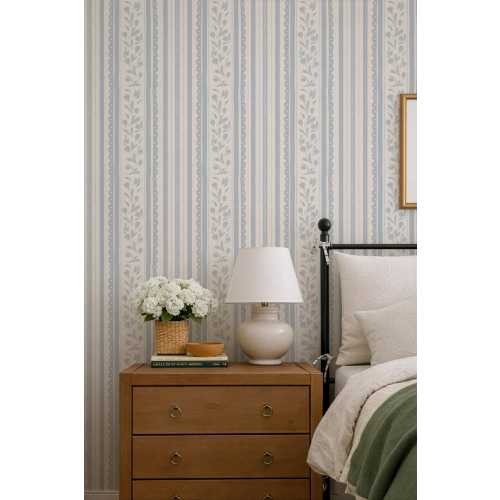 Blue wildflower wallpaper Vintage stripes and flowers wall covering linen textured farmhouse floral stripes peel and stick cozy cottage