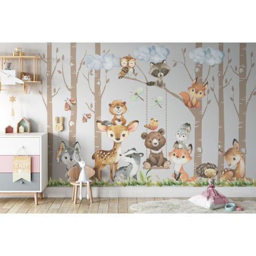 Woodland Removable Wall Decals | PREMIUM 6 Vinyl Trees 12 Peel and Stick FABRIC Animals, Watercolor Forest, Baby Neutral Bedroom Nursery