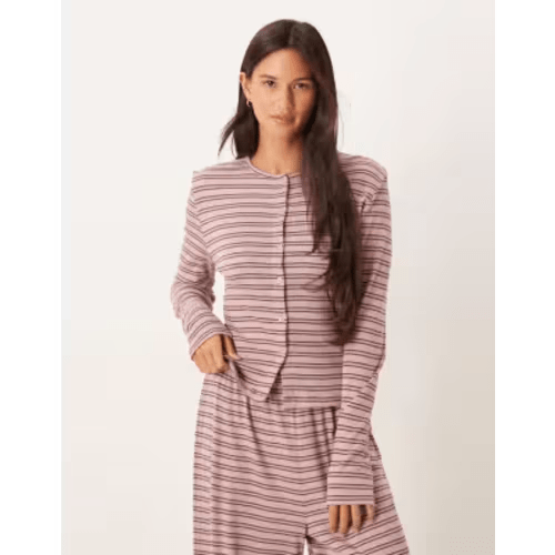 ASOS DESIGN rib knit cardigan in pink & brown stripes