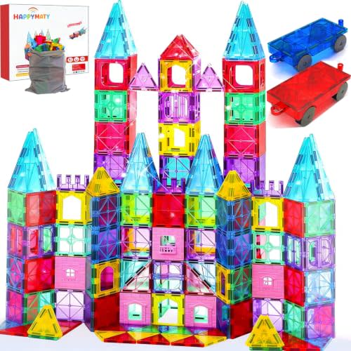 HAPPYMATY Next-Gen Antibacterial Magnetic Tiles - 106 PCS Magnet Building Tiles with 2 Cars for Kids Aged 3+, Inhibits Bacterial Growth for Safer Play, 3D STEM Educational Construction Blocks Toy