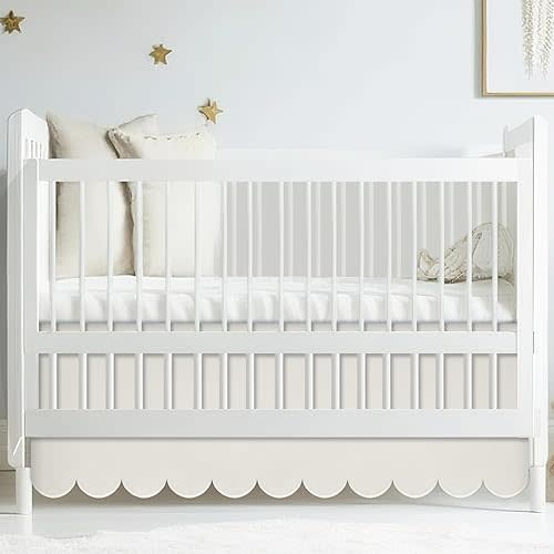 Beige Scalloped Crib Skirt 28"x 52" with 14" Drop Pleated Dust Ruffle with Split Corners for Baby Boys Girls Soft 4-Sided Crib Bed Skirt Nursery Standard Toddler Bedding