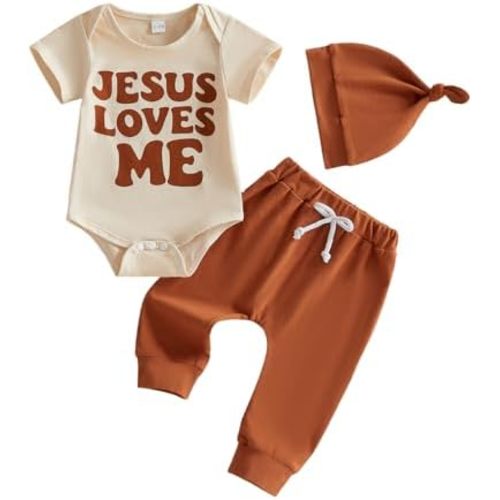 Newborn Baby Boy Christian Clothes Jesus Loves Me Romper Long Pants Set Hat 3Pcs Summer Baptism Outfits