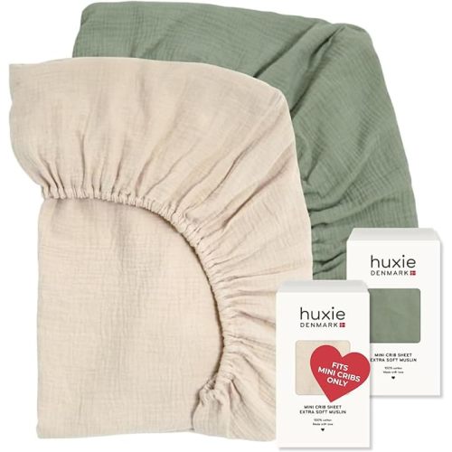 24 x 38 Mini Crib Sheets - Organic Cotton Muslin Fitted Crib Sheet Fitted for Pack and Play - Ultra-Soft and Breathable Crib Sheets for Boys and Girls (Fog/Roman Green)