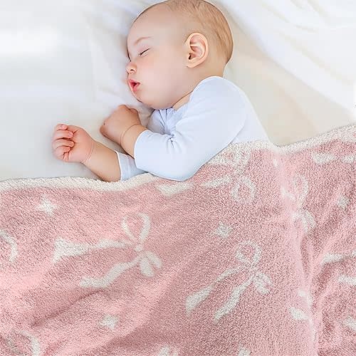 Pink Bow Baby Blanket – Cozy Knitted Bow Throw for Baby Girls, Nursery Décor, & Newborn Gifts – Ultra-Soft, 30x40 Inch