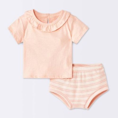 Baby Girls' 2pc Striped Ruffle Short Sleeve T-Shirt and Waffle Bloomer Set - Cloud Island™ Pink 6-9M