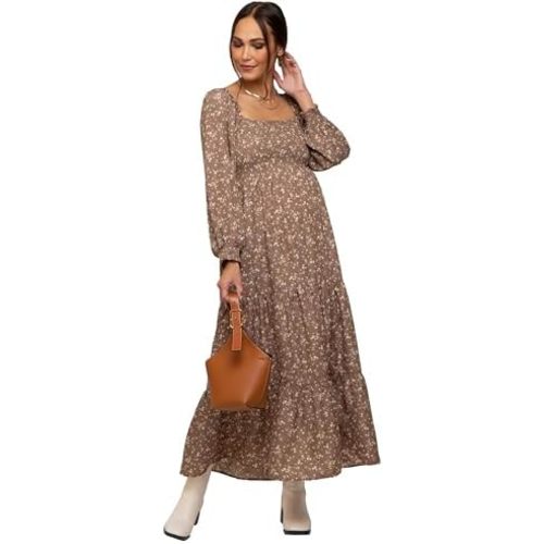 PinkBlush Floral Smocked Long Sleeve Maternity Maxi Dress