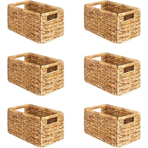 SpaceAid 6 Pack Wicker Basket, Storage Baskets for Organizing, Woven Rattan Basket with Handles for Shelves, Water Hyacinth Large Cube Organizer Storage Bin, 13x8.2x7 inch, Natural