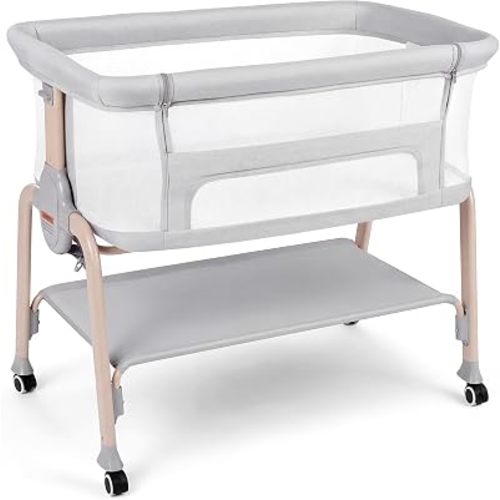 Cowiewie Bassinet Bedside Sleeper, Lightweight Portable Crib, Light Grey