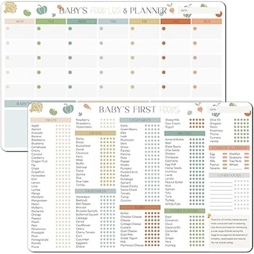 2 Pack Baby First Food Checklist, Baby Led Weaning Supplies, First Foods Tracker Fridge Magnet & Daily Food Log Meal Planner, 12"x8" Dry Erase Nutrition Poster, 101 Foods Before 1 Checklist Magnet