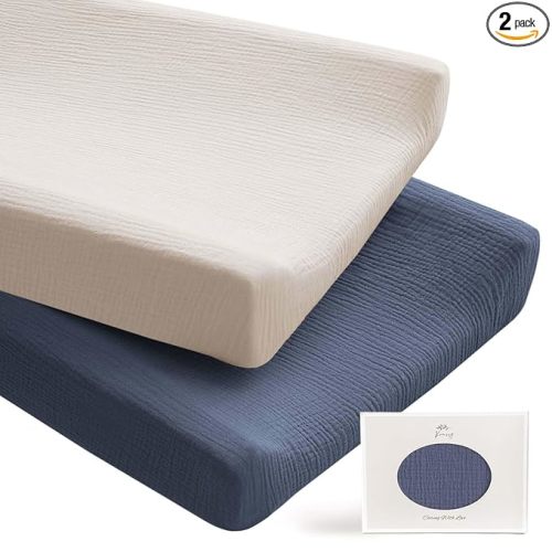 Konssy 2 Pack Muslin Changing Pad Covers for Boys, Ultra Soft & Breathable Cotton Baby Diaper Changing Table Covers, Neutral Nursery Diaper Changing Pad Sheets(Navy, Cream)