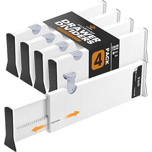 RAPTUROUS Adjustable Deep Drawer Divider – 5" Tall, Expandable 13-22", 4-Pack, Non-Slip Drawer Dividers for Clothes, Dresser, Kitchen & Office Organization (White)