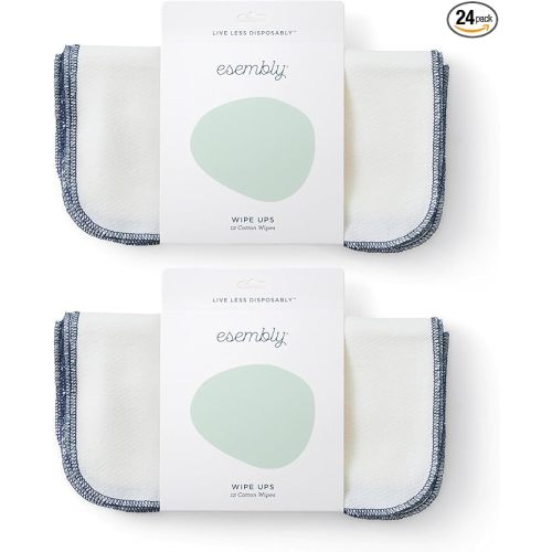 Esembly Wipe Ups, Organic Cotton Reusable Baby Wipes, Soft and Sturdy Washable Cloth Diaper Wipes, One Size, 2 x 12-pk (24 wipes)