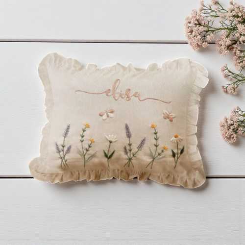 Personalized Baby Name Pillowcase with Ruffles, Flower Garden Embroidery Linen Pillowcase, Handmade Cushion Cover, Newborn Bedding Decor