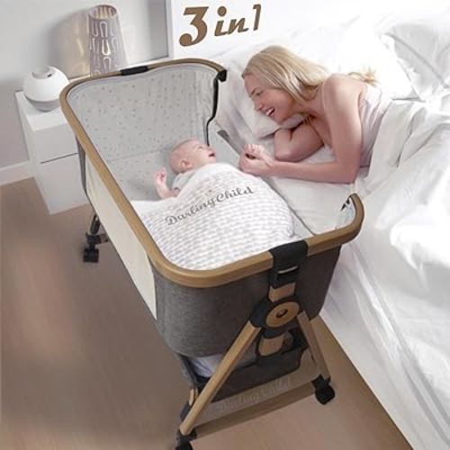 Baby Bassinet with Wheels, Portable Crib for Newborn Baby, 3-in-1 Convertible Cot: Bedside Co-Sleeper in Bed, Rocking Cradle for Baby. Foldable Mini Crib with Wheels, Mattress & Mosquito Net ...