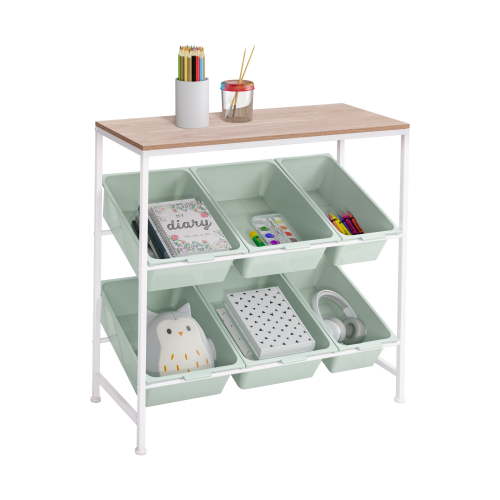 Seville Classics 6-Bin Rolling Utility Organizer Storage Cart, for Home Office, School, Classroom, Scrapbook, Hobby, Craft, 6-Bin, White/Green