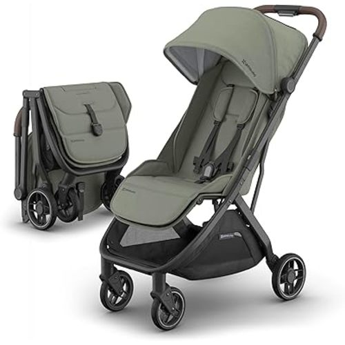 UPPAbaby Minu V3 Travel Stroller | Lightweight + Compact Design | One-Hand Fold + Unfold | from Birth + Overhead Compatible | Evelyn (Meadow Green/Carbon Frame/Chestnut Leather)