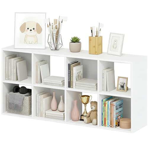 8-Cube Storage Organizer, White Bookshelf with Open Compartments for Home Office, Modern Bookcase Display Shelf for Living Room, Bedroom & Entryway