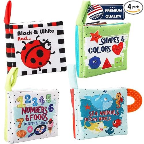 Baby Books Toys Gifts, Touch and Feel Cloth Crinkle Books for Babies,Infant Toddler Baby 0-3-6-12-18 Months,Early Learning Toys 6 to 12 Months 1-2 Years Old, Easter Shower Gift for Boys Girls,4 PCS