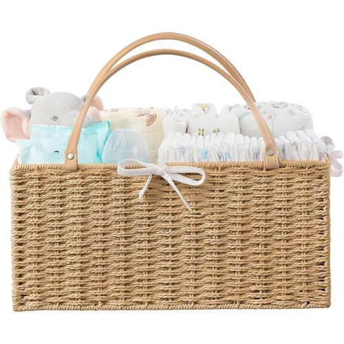 HBlife Large Baby Diaper Caddy Organizer, Paper Rope Storage Baskets Nursery Bin with Removable Divider, Portable Car Organizer for Diapers, Baby Shower Gifts, Newborn Essentials Must Haves