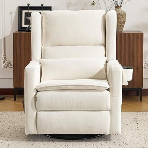 360° Swivel Rocker Recliner for Adults, Glider Recliner Nursery Chair with Lumbar Support, Manual Recliner with Cup Holder and Side Pockets,White