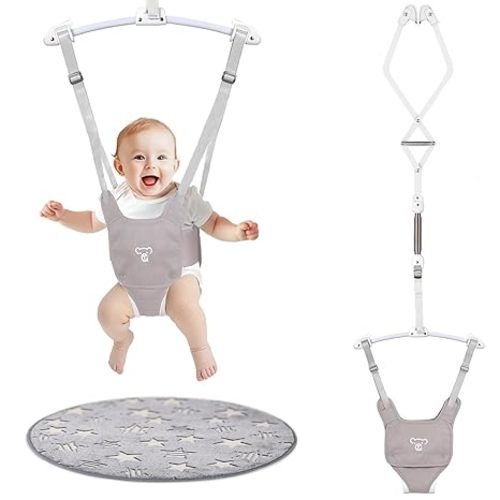 Baby Jumper, Baby Jumper Doorway with Adjustable Strap, Easy to Assemble, with a Soft Rug (Grey)