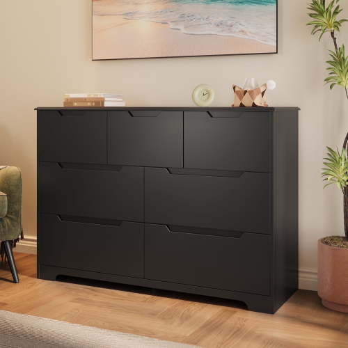 Aiho 7-Drawer Double Dresser Modern Wood Storage Chest with Anti-Tip Safety Black