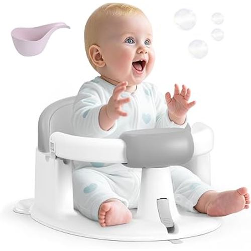 Baby Bath Seat Baby Bathtub - with Strong Suction Cups and 360° Surround Support – Easy Release, Non-Slip Cushion, Lockable Armrests – Infant Bath Chair for Babies 6-24 Months, Grey