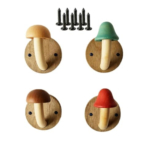 Wooden Mushroom Coat Hooks, Mushroom-Shaped Coat Hangers, Wall Mounted Towel Hanger, Solid Wood, Colorful, Set of Hooks with Screws (4 Hooks & 8 Screws)