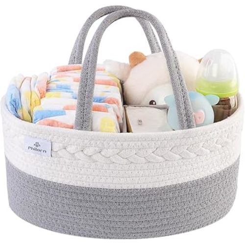 PHILORN Diaper Caddy Organizer, Cotton Rope Diaper Caddy Basket, Woven Diaper Caddy with Dividers, Nursery Storage Basket for Changing Table, Car Diaper Caddy, Baby Shower Gifts