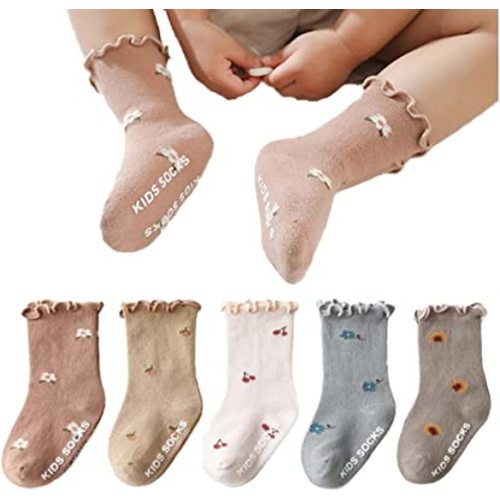 Adeimoo Baby Girl Non Skid Socks Newborn Toddler Frilly Ruffle Socks Infant Anti Slip Cotton Sock 5 Pairs