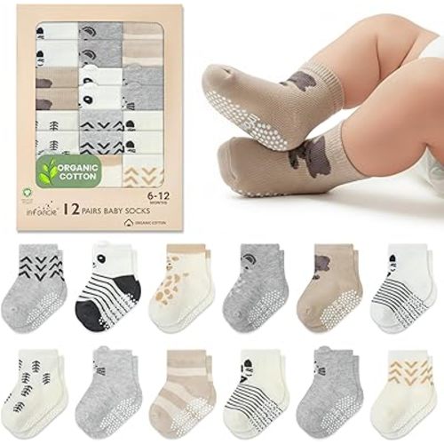 Organic Cotton GOTS Certified Newborn Socks 12 Pair - 6-12 Months – Soft and Comfortable Baby grip Socks, Premium Newborn Baby Socks, Gift for Little Boys