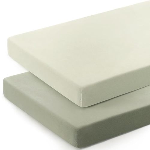 GRSSDER Mini Crib Sheets Fitted, Pack and Play Sheets 2 Pack, Ultra Soft Stretchy Pack N Play Sheets, Universal Fit for Playard Mattress, Jersey Crib Sheets for Boys and Girls, Sage Green